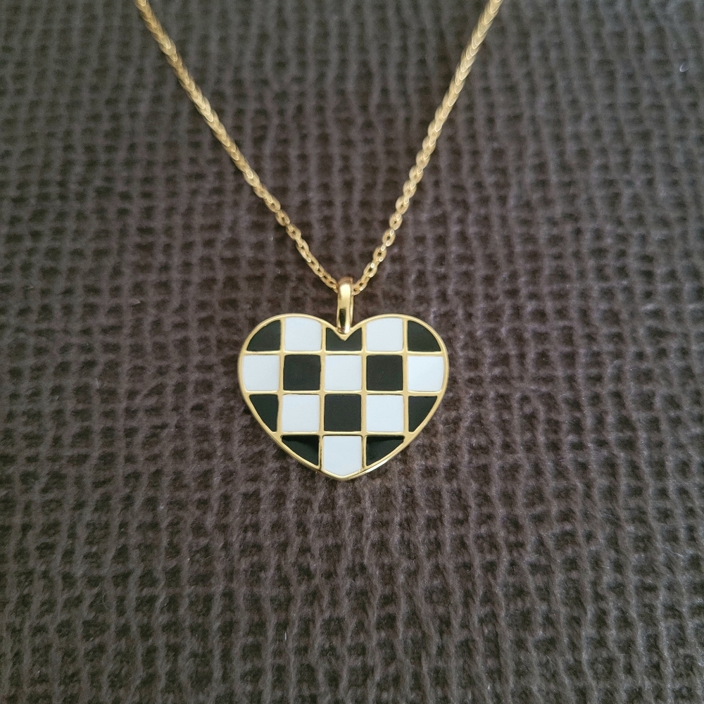 Rachel Zoe Black🖤 and White Checkered Enamel Heart♥️ Pendant Necklace - NWT